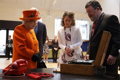 Her Majesty The Queen at the Science Museum on 7 March 2019, with objects from the upcoming Top Secret exhibition including Enigma M1070 c The Science Museum Group