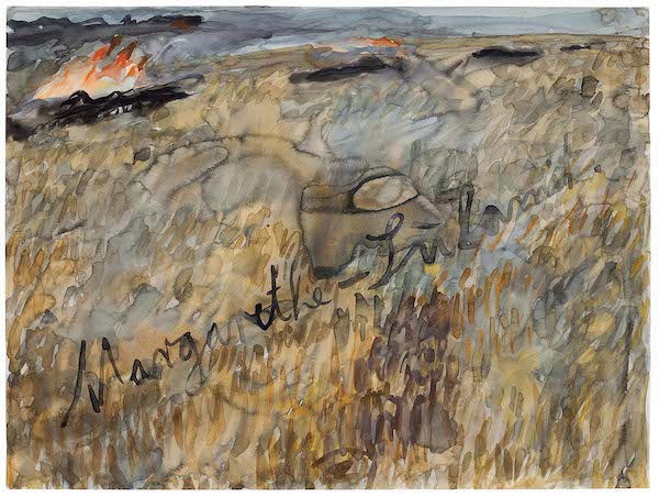 A watercolour artwork of a landscape. The yellows and greys resemble a corn field with a fire burning on the horizon with yellow and orange flames and black stubble.