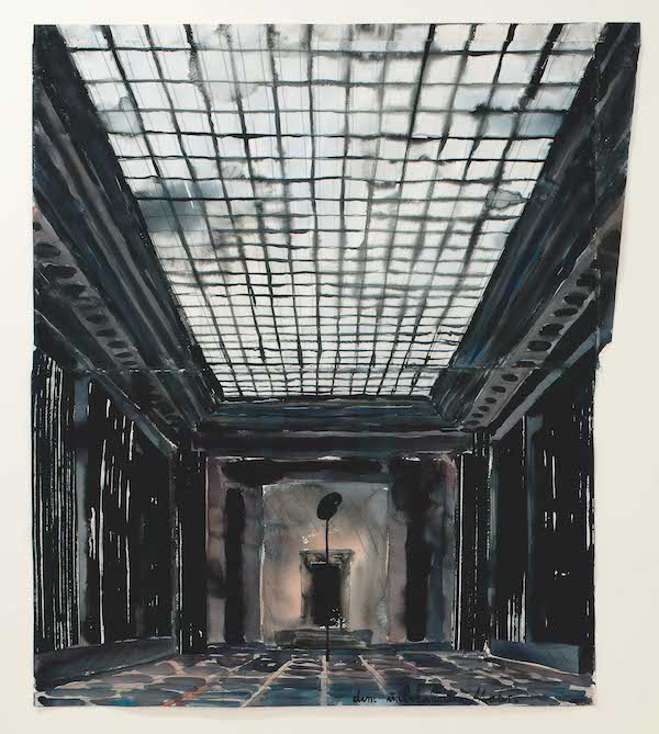 A black and white a black and white art work using graphite and watercolour. It shows a large grand room with tiled floor and a light ceiling window or light criss-crossed with lines. In the centre of the room is a tall sculpture that has a square plinth with a black rod running up to the centre on the top is an oblong shape. 