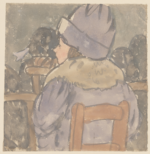 Painting close up of a girl in church viewed from behind. Her back and head is visible, she sits on a wooden slatted chair and has a blue coat and hat with light collar.
