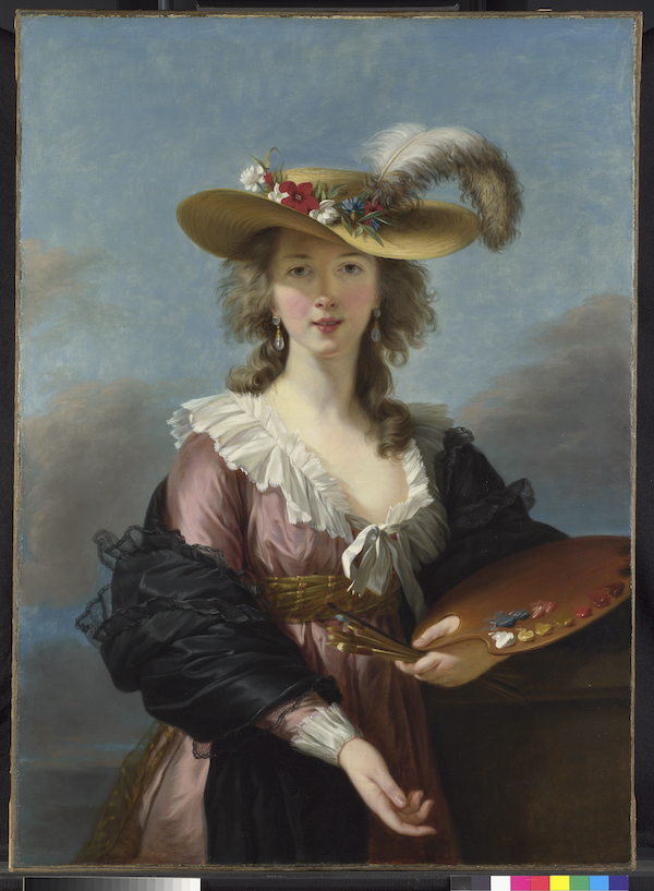A self portrait painting of a woman who stares our at us. It is three-quarter length, the woman wears 18th century dress, it is pink silk with white ruffled collar cut in a v-shape and white cuffs. She has a black shawl round her and over her arms, in her left hand she carries paint brushes and a wooden paint pallet with oil paints on. She has a straw hat with a feather and flowers.