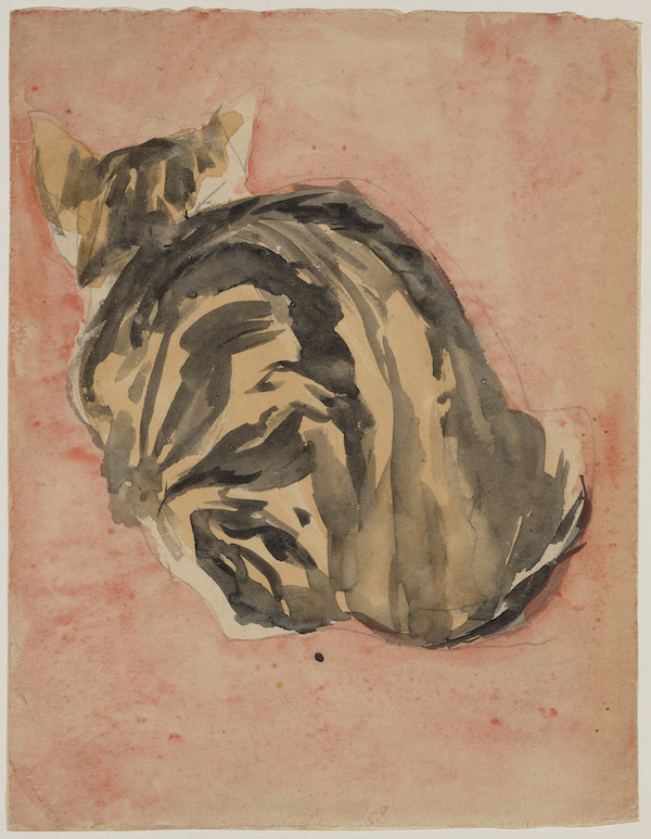 Painting of a tortoise shell cat sitting with a pink/red background. The cat is facing away from us. 
