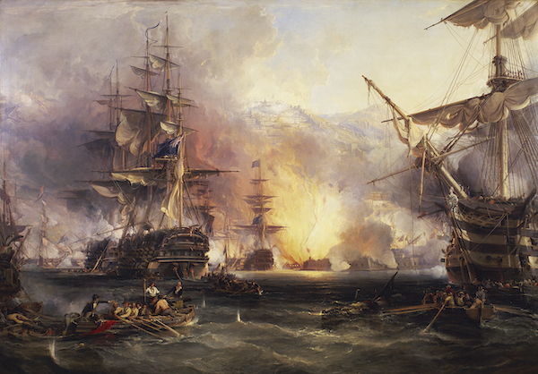 Painting of a naval battle, you can see a number of large sail ships in a stormy sea. Some of the ships are on fire, in the foreground on the left of the picture are a number of rowing boat with boats with men rowing with oars. In the background one ship is on fire with yellow flames obliterating the mast. Smoke rises in the air but in the top left of the painting the sky is light blue. 