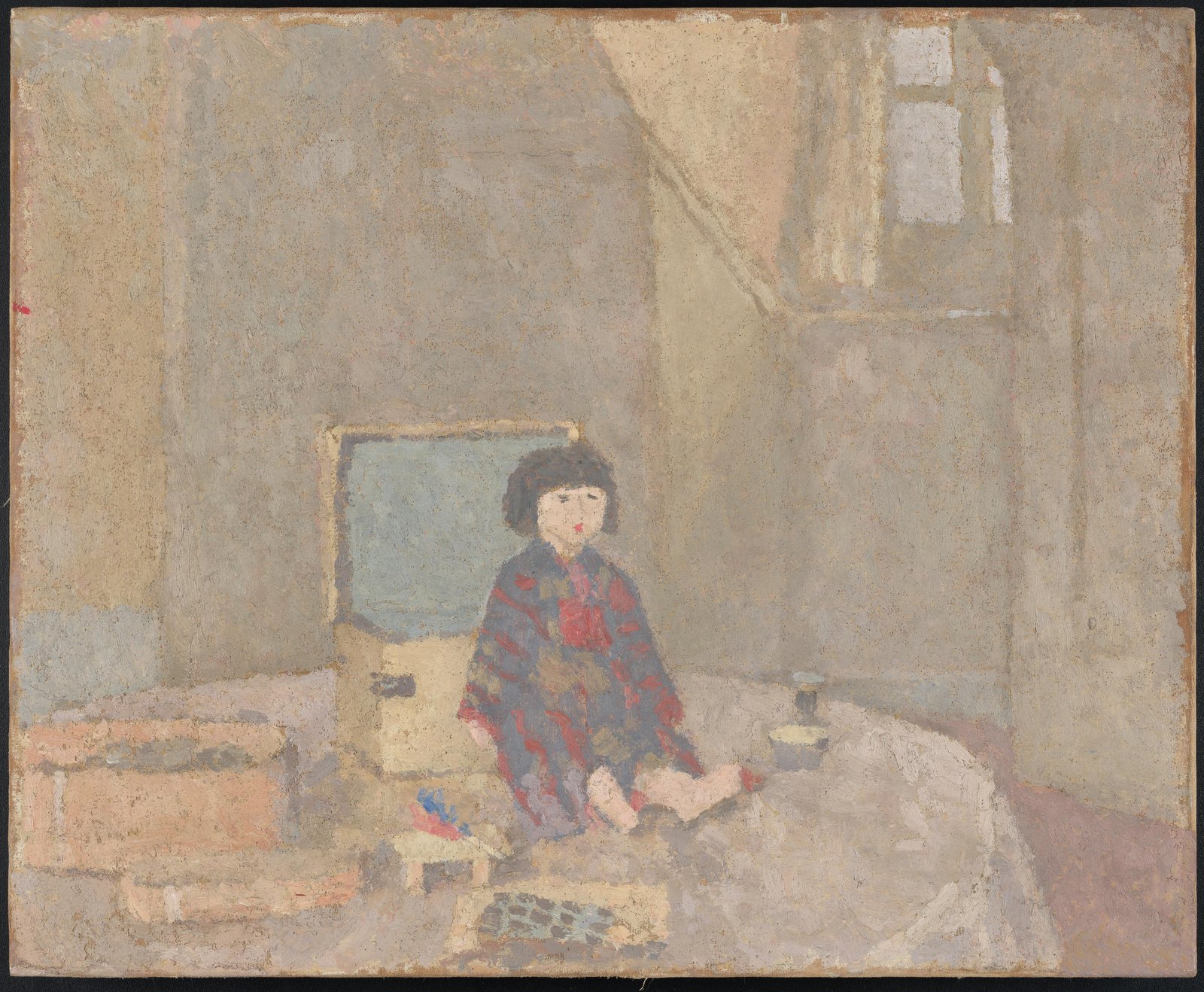 Painting of a table with a light coloured table cloth, on the cloth sits a box and in front of the box a Japanese style doll with a bob of dark hair and wearing a bright floral blue, red and green kimono