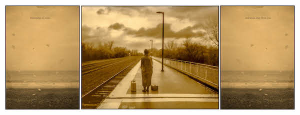 Photographic stills triptych from artist Carrie Mae Weems, the right and left images show a beach horizon, the middle shows a woman who we see from behind standing at a railways station with bags on the floor to her left and right.   