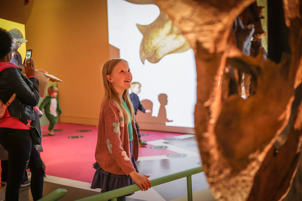 Photograph of a young girl in a dinosaur exhibition. She is looking up at a dinosaur skeleton and smiling. 
